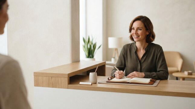 Smiling female receptionist at a clinic reception desk. Professional woman writing in a notebook in a modern medical or therapy office lobby