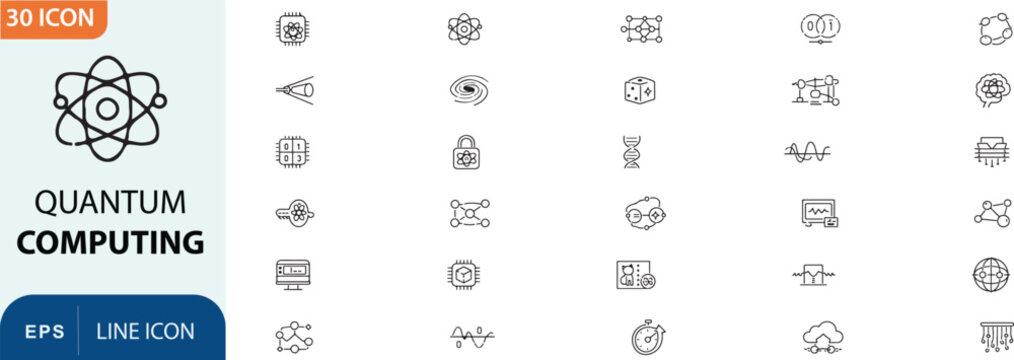 Quantum computing icon set 30 line icons for technology and science