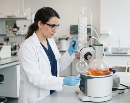 Female scientist operating a rotary evaporator in a laboratory. Chemist adjusting laboratory equipment with spinning flask of orange liquid. Scientific research and chemical analysis concept