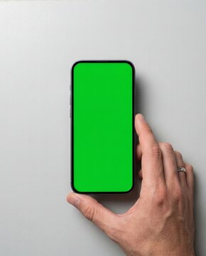 Top View Smartphone Green Screen Mockup on Minimal White Background with Hand