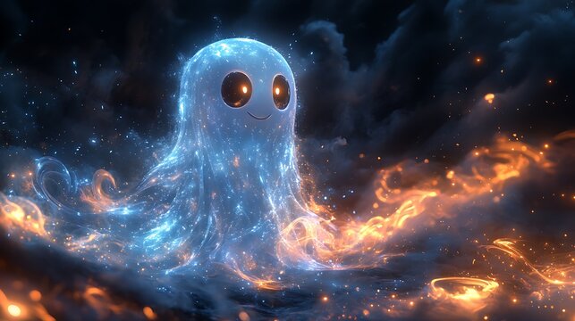 Whimsical spectral entity glowing in cosmic nebula