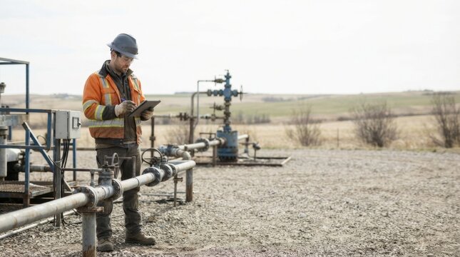 Industrial worker using a digital tablet at a shale gas extraction site. Engineer in safety vest and hard hat inspecting oil and gas wellhead equipment