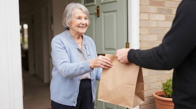 Smiling senior woman receiving meal delivery at her doorstep. Elderly lady accepting a paper bag with food from a courier at home