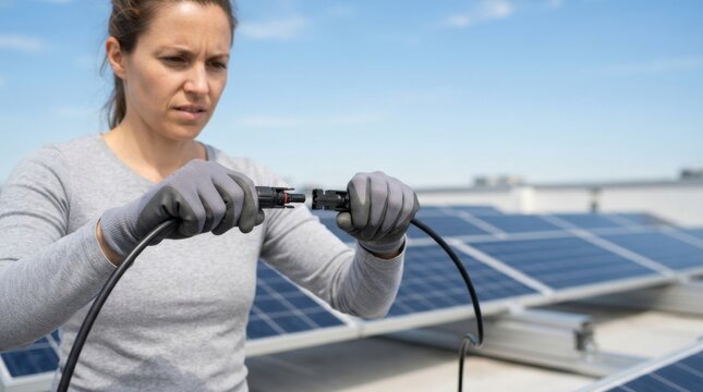 Female technician connecting MC4 connectors on solar panel. Worker joining electrical cables on rooftop solar installation