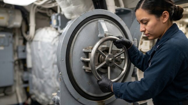 Female naval officer turning a metal wheel lock on a submarine hatch. Watertight door security and maritime engineering concept