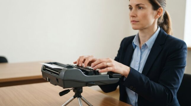 Female court reporter typing on a stenotype machine. Professional stenographer transcribing in a courtroom or office setting