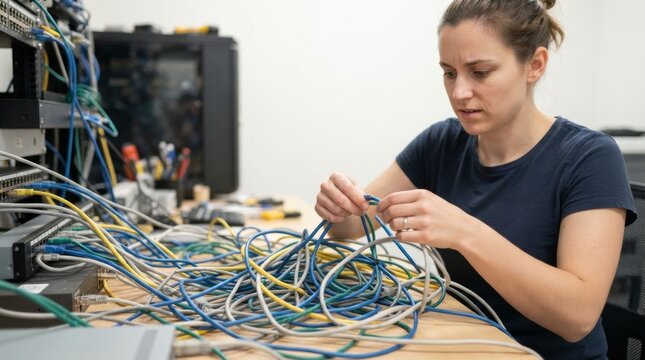 Female IT technician untangling a messy pile of ethernet cables. Network administrator troubleshooting hardware connection issues at desk