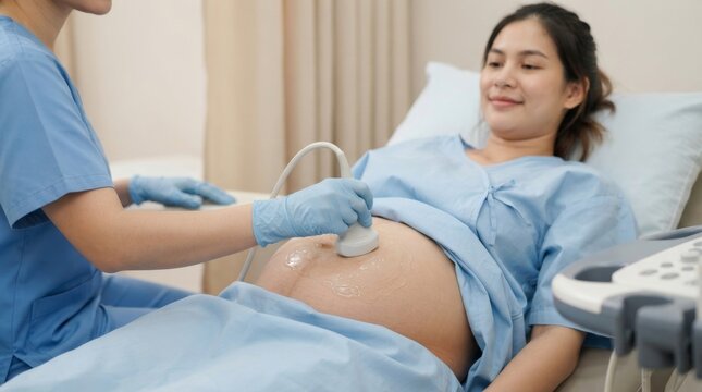Medical professional performing ultrasound scan on pregnant woman. Obstetrician using transducer on belly in clinic