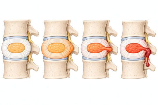 Disc bulge vs herniation progression diagram, spine pathology medical illustration showing disc pathology progression from normal to bulge, protrusion and extrusion.