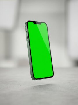 Floating Smartphone Mockup with Green Screen Isolated on Minimal Background for App Presentation