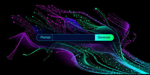 Illustration of abstract stream information. Generate image, video from prompt concept. Big data, technology, AI, data transfer, data flow, generative ai, large language model, ai brain background © Krot_Studio