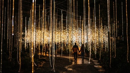 Fototapeta premium Couple walking under glowing hanging light installation at night in outdoor garden.