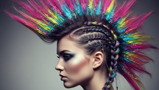 Profile portrait of young woman with vibrant multicolored mohawk hairstyle and intricate side braids representing punk rock subculture style