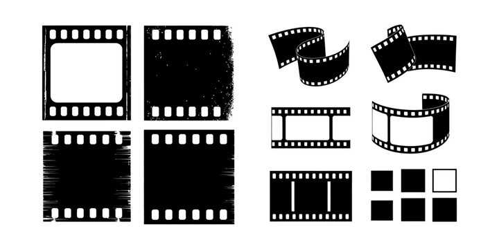 Set of black film strip elements and frames for photography and cinema icons