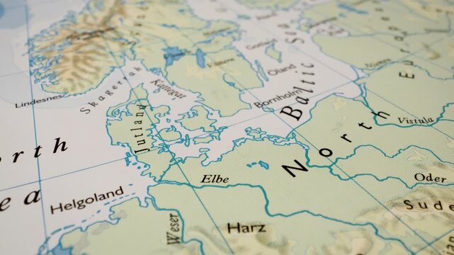 northern europe baltic sea route highlighted on paper map with gliding motion