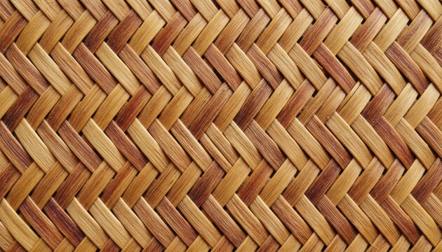 Detailed macro texture of natural brown woven rattan material in diagonal wicker pattern for furniture and interior home decor craft inspiration