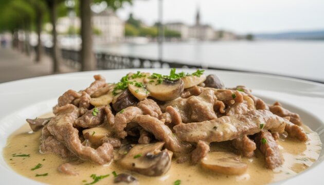 Plate of Beef Stroganoff meat with creamy mushroom dish outdoors near lake indicating European cuisine comfort food travel dining experience