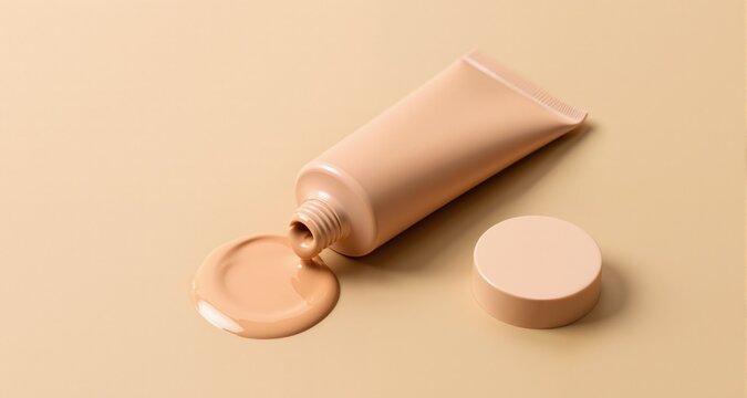 Skin foundation in tube and lid on beige background, closeup
