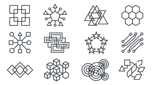 Abstract geometric symbols and complex shape icons.