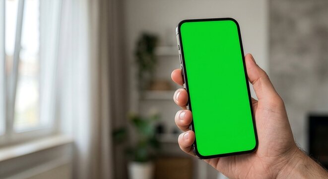 Hand Holding Smartphone with Green Screen Mockup