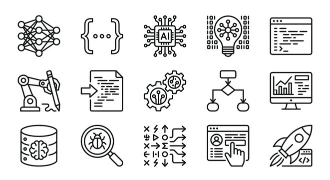 Corporate Black and White Line Icons Set Featuring AI Coding Robotics Data Analysis and Tech Innovation Concepts