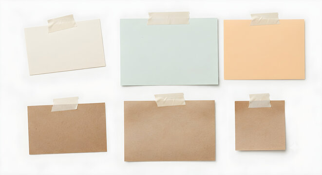 Collection of six blank note cards taped with masking tape, pastel and kraft paper memo templates isolated on white background