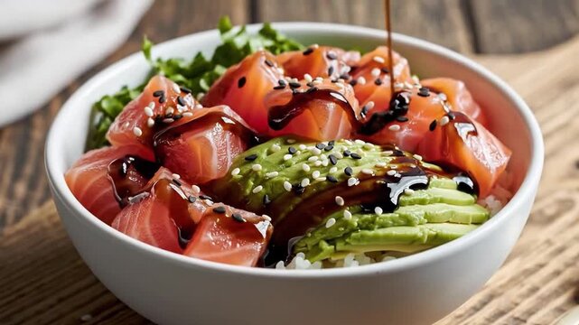 Slow-motion drizzle of glossy soy sauce over a colorful poke bowl featuring fresh pink salmon cubes and ripe green avocado, captured in soft natural daylight for a healthy and viral food aesthetic.