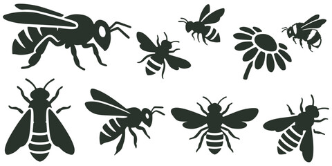 Bee silhouettes set, honey bee collection flying and collecting nectar from flower, isolated on white background © Art Ris