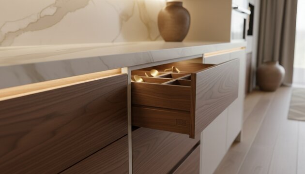 Modern kitchen drawer with wooden organizer and marble countertop in stylish home interior representing storage solution and luxury lifestyle