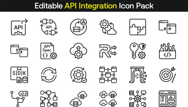 Modern collection of editable vector line icons showing various api integration processes and software development concepts for professional web design