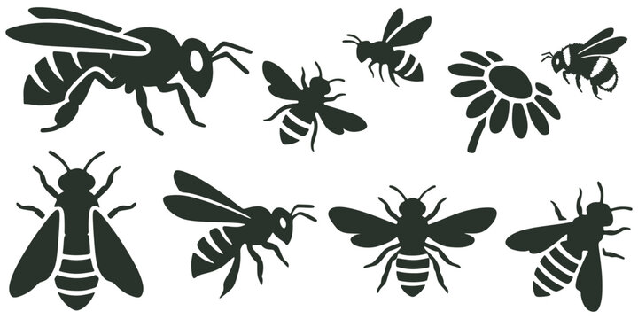 Bee silhouettes set, honey bee collection flying and collecting nectar from flower, isolated on white background