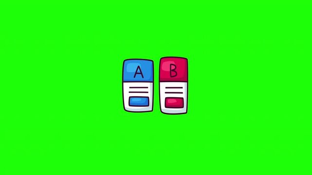 Animated AB testing split boxes doodle icon, hand-drawn flat vector line art with wiggle effect, looping motion graphic for marketing and UX design