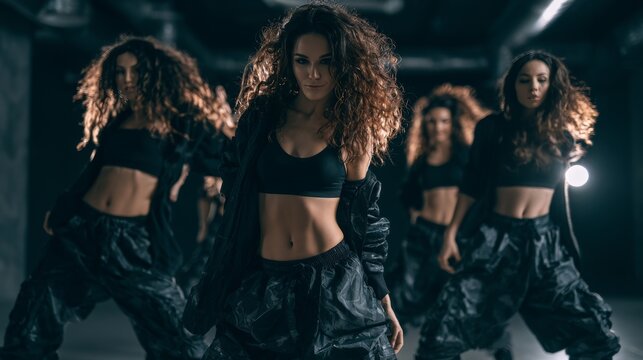 Group of female dancers in stylish black outfits performing hip hop choreography