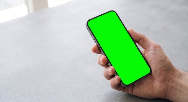 Top View Smartphone Green Screen Mockup on Minimal White Background with Hand