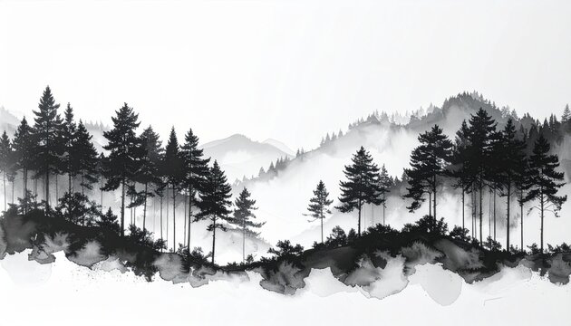 Monochrome watercolor painting of dense pine forest on rolling mountain hills under a misty fog in winter season
