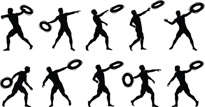 Set of silhouettes of a man throwing a frisbee disc