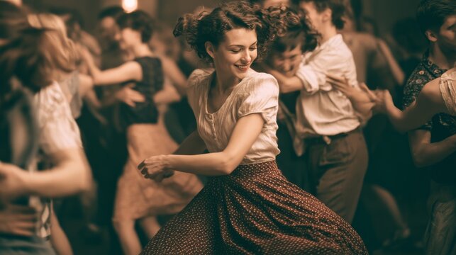 Vintage couple dancing swing at a lively retro party with energetic movement