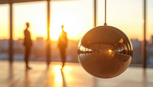 Modern room reflecting office interior while silhouettes of people stand against sunset view. Newton's cradle demonstrating physics principle of conservation of momentum and energy.