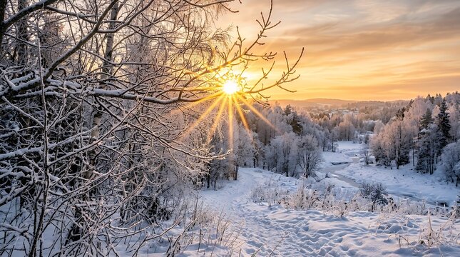 Glowing winter sunlight bursting into radiant star-shaped rays through frost-covered bare branches with a chilly woodland and snowy terrain stretching into the distance during the magical golden