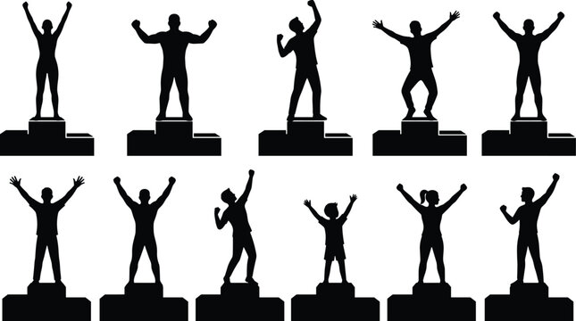 Black silhouettes of winners standing on victory podiums