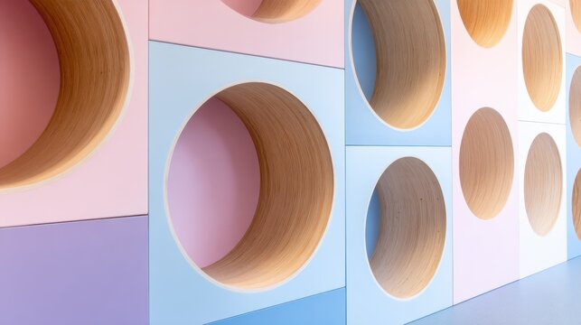 A colorful wall design featuring circular cutouts set in pastel tones and natural wood textures
