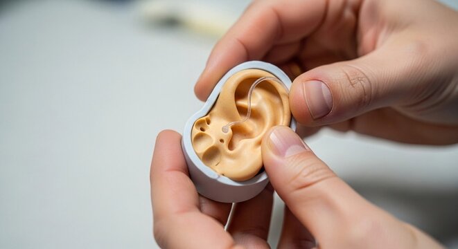 Close-up of a person holding a custom ear mold impression for hearing aid fitting