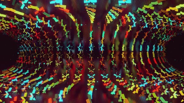 Seamless VJ loop with glowing neon stars abstract structure and psychedelic motion for high-tech club visuals, electronic music festivals, stage screens and for LED video walls