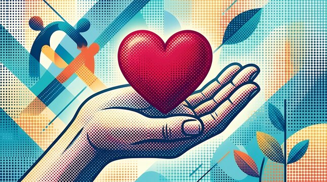 Contemporary halftone composition featuring a human palm and a crimson heart symbolizing affection solidarity empathy nurturing  Contemporary halftone composition human palm crimson heart