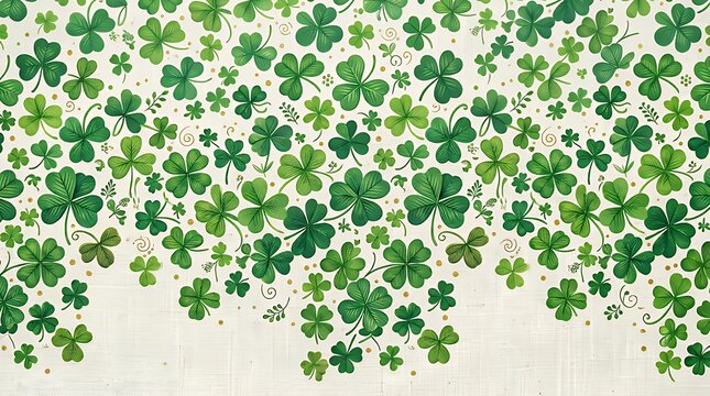 Festive horizontal endlessly repeating pattern backdrop featuring clover leaves in a verdant descent across a pale canvas.  Festive horizontal endlessly repeating pattern backdrop featuring clover