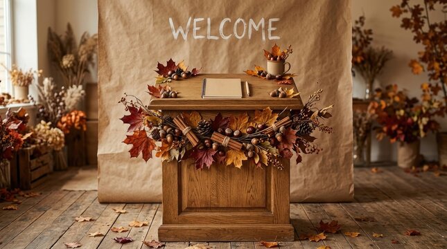 Autumn welcome station rustic fall decor with maple leaves acorns and cozy seasonal elements
