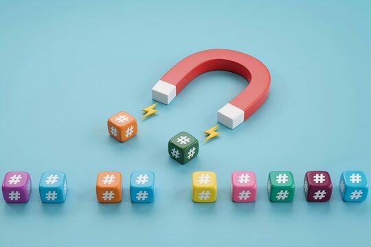 Magnet attracting hashtag cubes. Social media engagement and digital marketing concept.