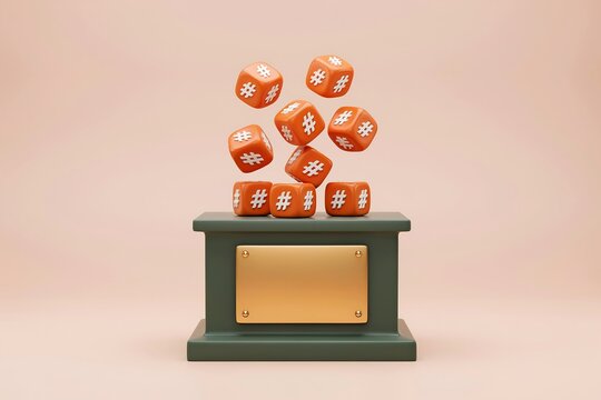 Orange hashtag dice floating over a trophy. Social media success concept with 3D render.
