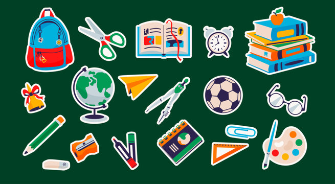 Back to school stickers set with school supplies. Cute cartoon vector illustration of backpack, books, pencil, globe, stationary icons isolated on green chalkboard background