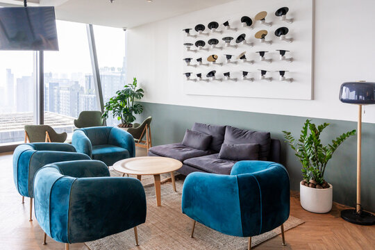 Furniture Arrangement in a Modern Lounge Space With Skyline View